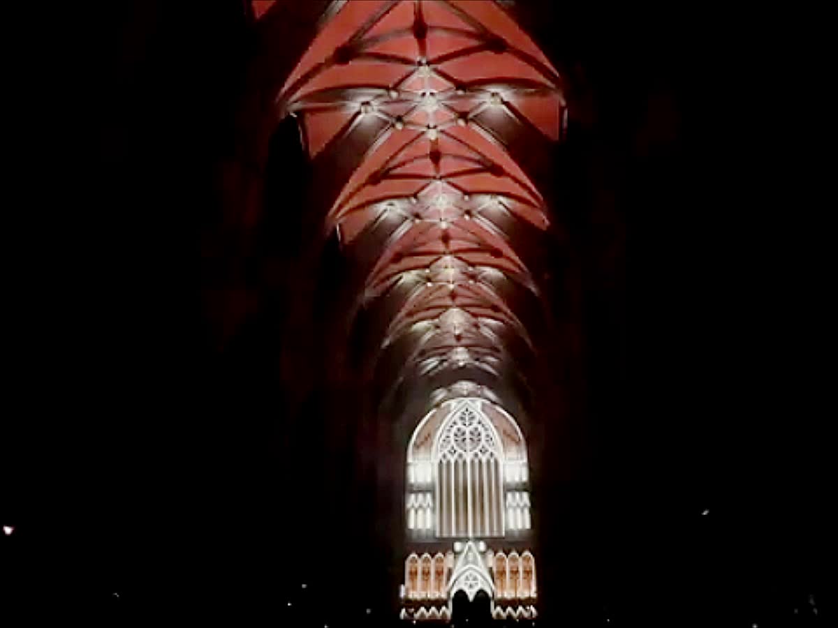 Detailed light projection on York Minster's Gothic stonework